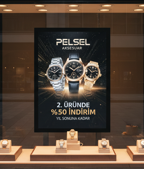 yıl sonuna kadar 2 ci üründe %50 indirim saat mağazası arkasında vitrinde pelsel aksesuar yazılı